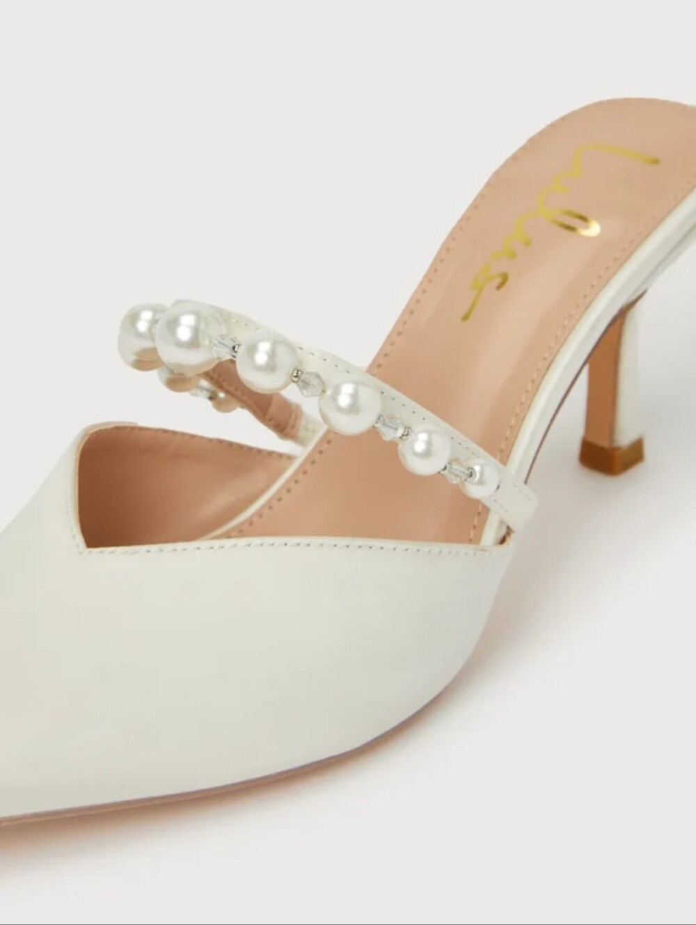 Lulu's Daryll white satin pearl embellished pointed toe mule pumps wedding - Picture 2 of 12